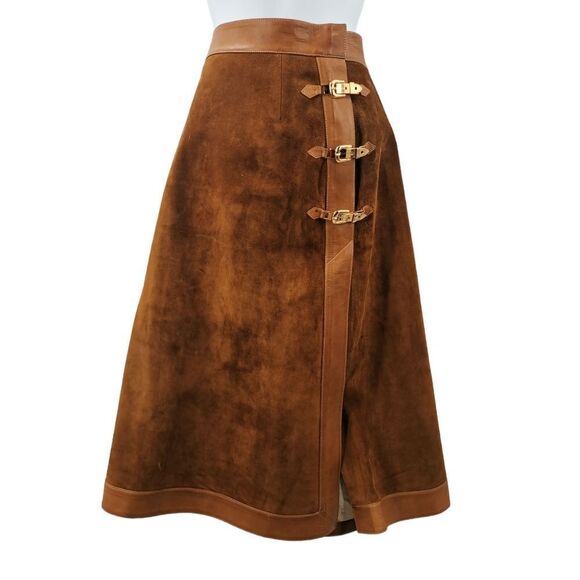 Rare Vintage Gucci Collector Tan Suede Skirt with Leather Trim & Gold Gucci Buck - Picture 1 of 11